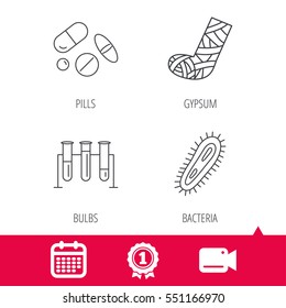 Achievement and video cam signs. Broken foot, bacteria and medical pills icons. Lab bulbs linear sign. Calendar icon. Vector