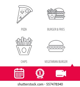 Achievement and video cam signs. Burger, pizza and chips fries icons. Fast food linear signs. Calendar icon. Vector