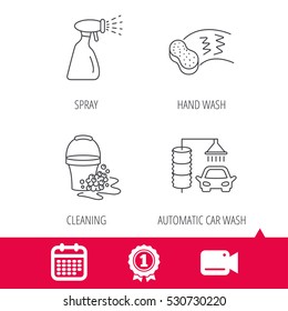 Achievement and video cam signs. Car wash icons. Automatic cleaning station linear signs. Bucket with foam bubbles, sponge and spray flat line icons. Calendar icon. Vector