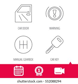 Achievement and video cam signs. Car key, warning and manual gearbox icons. Car door, transmission linear signs. Calendar icon. Vector