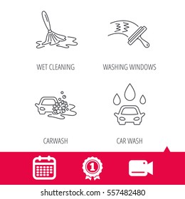 Achievement and video cam signs. Car wash icons. Automatic cleaning station linear signs. Washing windows, wet cleaning and foam bucket flat line icons. Calendar icon. Vector