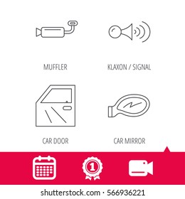 Achievement And Video Cam Signs. Car Door, Muffler And Klaxon Signal Icons. Car Mirror Linear Sign. Calendar Icon. Vector