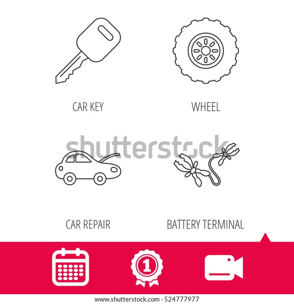 Achievement and video cam signs. Car key, wheel
and repair service icons. Battery terminal linear sign. Calendar
icon. Vector