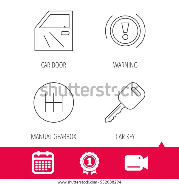 Achievement and video cam signs. Car key, warning\
and manual gearbox icons. Car door, transmission linear signs.\
Calendar icon.\
Vector