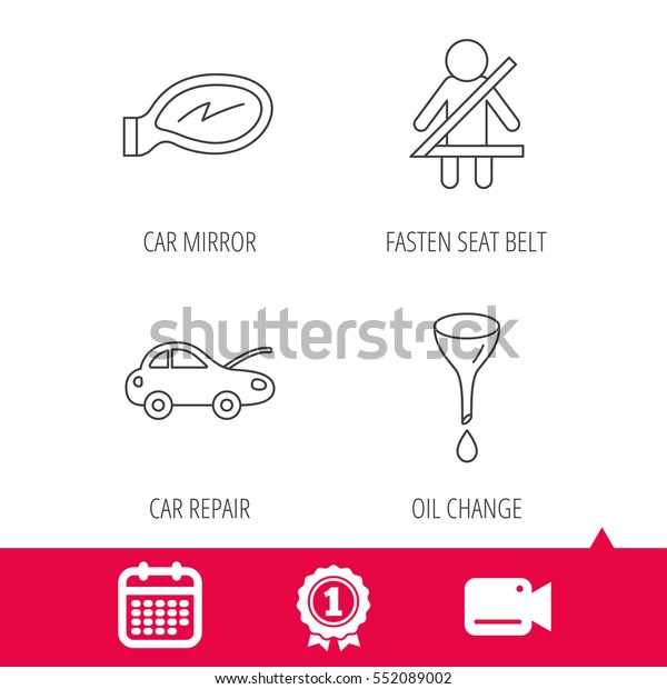 Achievement and video cam signs. Car mirror\
repair, oil change and seat belt icons. Fasten seat belt linear\
sign. Calendar icon.\
Vector