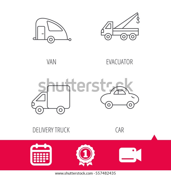 Achievement and video cam signs. Car, delivery
truck and evacuator icons. Travel van linear signs. Calendar icon.
Vector