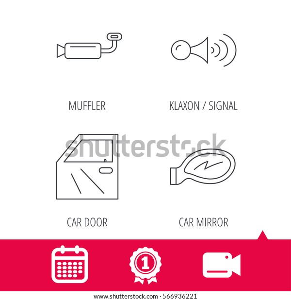 Achievement and\
video cam signs. Car door, muffler and klaxon signal icons. Car\
mirror linear sign. Calendar icon.\
Vector