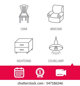 Achievement and video cam signs. Ceiling lamp, nightstand and armchair icons. Chair linear sign. Calendar icon. Vector
