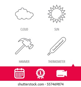 Achievement and video cam signs. Cloud, sun and thermometer icons. Hammer linear sign. Calendar icon. Vector