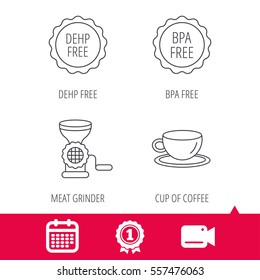 Achievement and video cam signs. Coffee cup, meat grinder and BPA free icons. DEHP free linear sign. Calendar icon. Vector