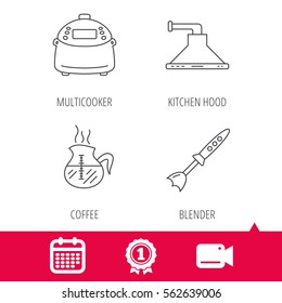 Achievement and video cam signs. Coffee, kitchen hood and blender icons. Multicooker linear sign. Calendar icon. Vector