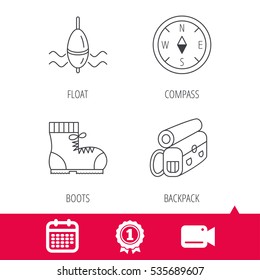 Achievement and video cam signs. Compass, fishing float and hiking boots icons. Backpack linear sign. Calendar icon. Vector