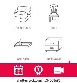Achievement and video cam signs. Corner sofa, nightstand and chair icons. Wall shelf linear sign. Calendar icon. Vector