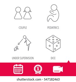 Achievement and video cam signs. Couple, paediatrics and dice icons. Under supervision linear sign. Calendar icon. Vector