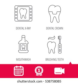Achievement and video cam signs. Dental crown, x-ray and brushing teeth icons. Mouthwash linear sign. Calendar icon. Vector