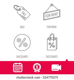 Achievement and video cam signs. Discounts, gift bag and sale coupon icons. For rent linear sign. Calendar icon. Vector