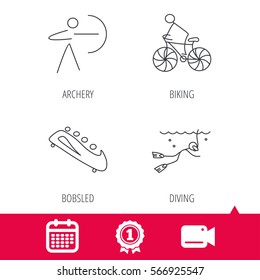 Achievement and video cam signs. Diving, biking and archery icons. Bobsled linear sign. Calendar icon. Vector