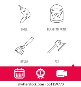 Achievement and video cam signs. Drill tool, bucket of paint and axe icons. Brush linear sign. Calendar icon. Vector