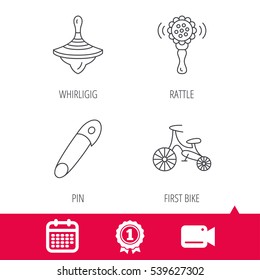 Achievement and video cam signs. First bike, whirligig and rattle toy icons. Pin linear sign. Calendar icon. Vector