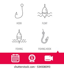 Achievement and video cam signs. Fishing hook and float icons. Waves linear sign. Calendar icon. Vector