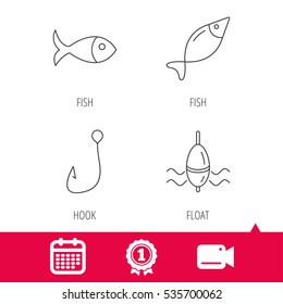 Achievement and video cam signs. Fishing hook and float icons. Fish linear sign. Calendar icon. Vector