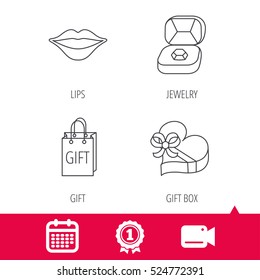 Achievement And Video Cam Signs. Gift Box, Lips Kiss And Wedding Jewelry Icons. Present Linear Sign. Calendar Icon. Vector