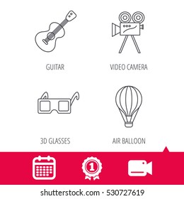 Achievement and video cam signs. Guitar music, 3d glasses and air balloon icons. Video camera linear sign. Calendar icon. Vector