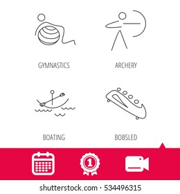 Achievement and video cam signs. Gymnastics, boating and archery icons. Bobsled linear sign. Calendar icon. Vector