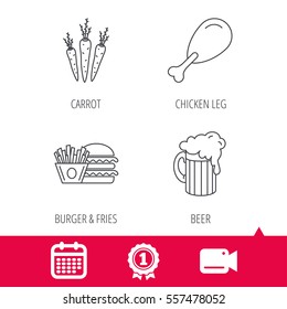 Achievement and video cam signs. Hamburger, beer and chicken leg icons. Burger and chips fries linear signs. Calendar icon. Vector