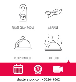 Achievement and video cam signs. Hot food, reception bell and clean room icons. Airplane linear sign. Calendar icon. Vector
