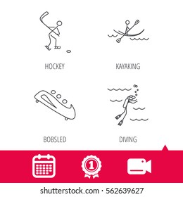 Achievement and video cam signs. Ice hockey, diving and kayaking icons. Bobsled linear sign. Calendar icon. Vector