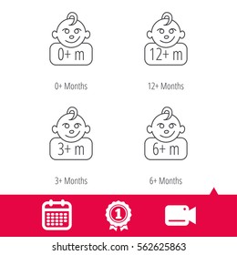 Achievement and video cam signs. Infant child, 0 months child and toddler baby icons. 0-12 months child linear sign. Calendar icon. Vector