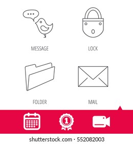 Achievement and video cam signs. Lock, folder hand and e-mail icons. Bird message linear sign. Calendar icon. Vector