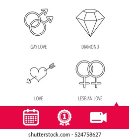 Achievement and video cam signs. Love heart, diamond and lesbian love icons. Gay love linear sign. Calendar icon. Vector