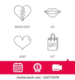 Achievement And Video Cam Signs. Love Heart, Kiss Lips And Gift Icons. Broken Heart Linear Sign. Calendar Icon. Vector