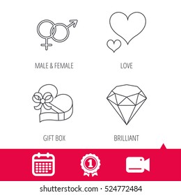 Achievement and video cam signs. Love heart, gift box and brilliant icons. Male and female linear signs. Calendar icon. Vector