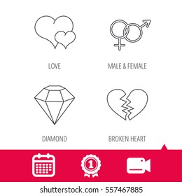 Achievement and video cam signs. Love heart, brilliant diamond and male, female icons. Broken heart or divorce linear sign. Calendar icon. Vector