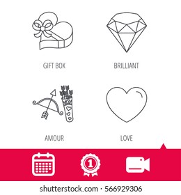 Achievement and video cam signs. Love heart, brilliant and gift box icons. Amour bow with arrows linear signs. Calendar icon. Vector