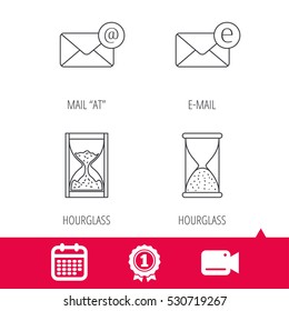 Achievement and video cam signs. Mail, e-mail and hourglass icons. E-mail inbox linear sign. Calendar icon. Vector