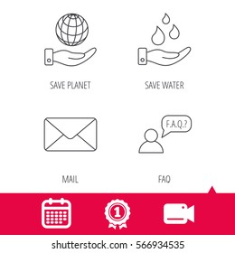 Achievement and video cam signs. Mail, save water and faq speech bubble icons. Save planet linear sign. Calendar icon. Vector