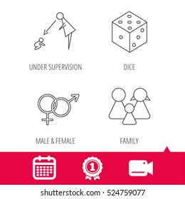 Achievement and video cam signs. Male, female, dice and family icons. Under supervision linear sign. Calendar icon. Vector