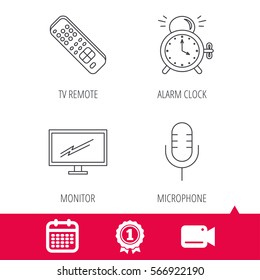 Achievement and video cam signs. Microphone, alarm clock and TV remote icons. Widescreen TV linear sign. Calendar icon. Vector