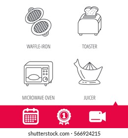Achievement and video cam signs. Microwave oven, toaster and juicer icons. Waffle-iron linear sign. Calendar icon. Vector