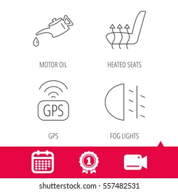 Achievement and video cam signs. Motor oil, passing fog lights and gps icons. Heated seats linear sign. Calendar icon. Vector