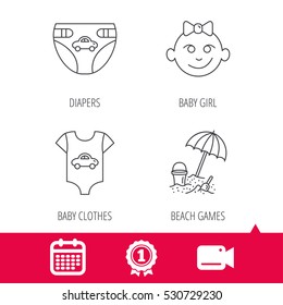 Achievement and video cam signs. Newborn clothes, diapers and baby girl icons. Beach games linear sign. Calendar icon. Vector