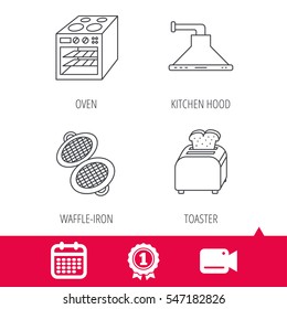 Achievement and video cam signs. Oven, toaster and waffle-iron icons. Kitchen hood linear sign. Calendar icon. Vector