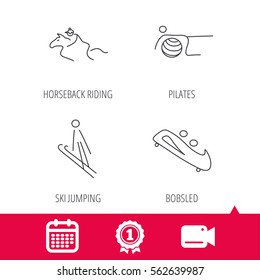 Achievement and video cam signs. Pilates, bobsled and horseback riding icons. Ski jumping linear sign. Calendar icon. Vector