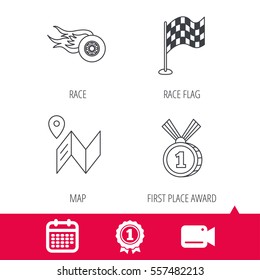 Achievement and video cam signs. Race flag, map and winner award icons. First place medal, wheel on fire linear signs. Calendar icon. Vector