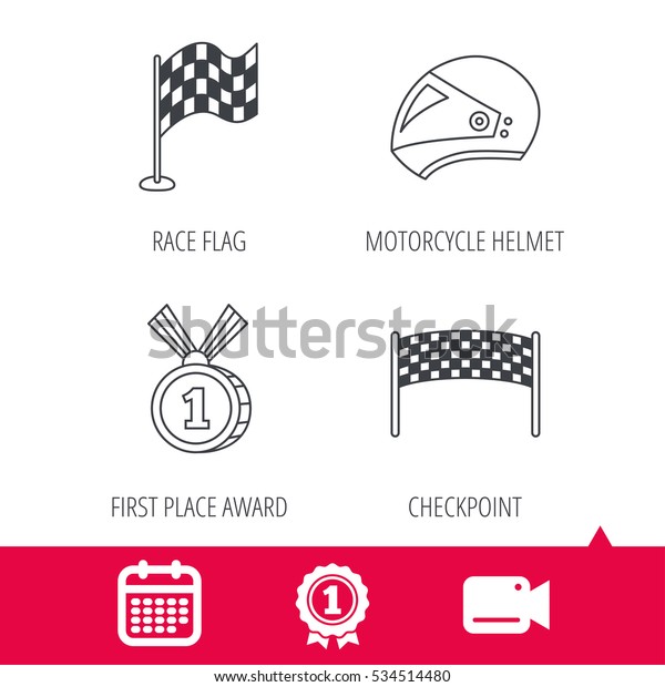 Achievement and video cam signs. Race flag,
checkpoint and motorcycle helmet icons. Winner award medal linear
signs. Calendar icon.
Vector