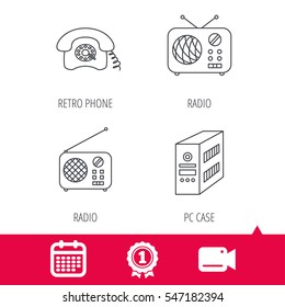 Achievement and video cam signs. Radio, retro phone and pc case icons. Vintage radio linear sign. Calendar icon. Vector